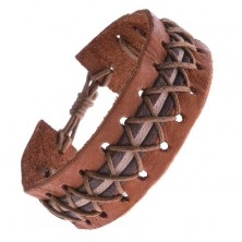 Kožený náramok - karamelovo hnedý, ozdobný pruh, krížené šnúrky