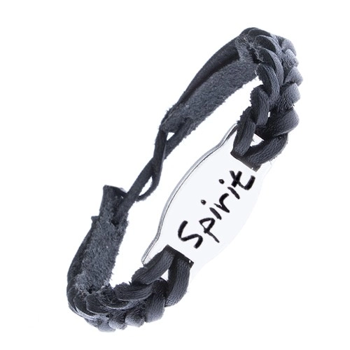 E-shop Šperky Eshop - Čierny kožený pletený náramok s oceľovou známkou SPIRIT Z12.14