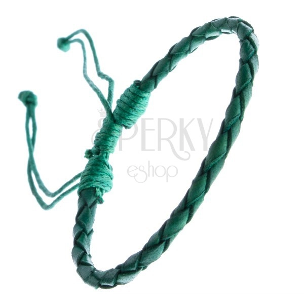 Kožený náramok - oblý pletenec so šnúrkami, zelený