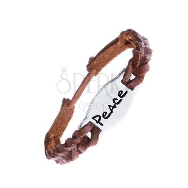 Úzky pletený náramok z kože - karamelový, známka "PEACE"