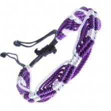 Farebný pletený náramok - fialovo-biele vlnky z motúzikov