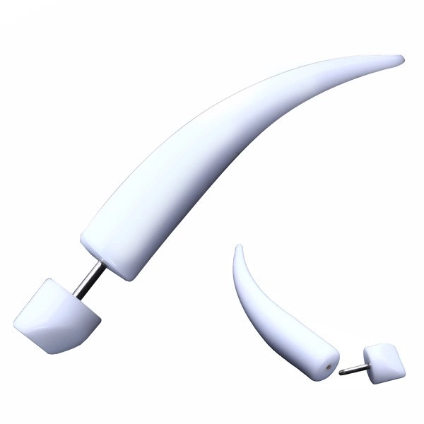 Biely akrylový fake expander do ucha - lesklý ohnutý špic - Rozmer: 8 mm x 55 mm
