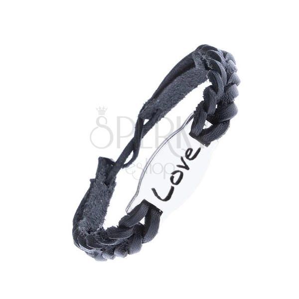 Kožený pletený náramok s oceľovou známkou "LOVE", čierny