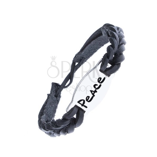Pletený kožený náramok - čierny, oceľová známka "PEACE"