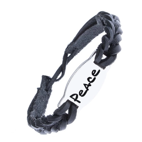 E-shop Šperky Eshop - Pletený kožený náramok - čierny, oceľová známka "PEACE" Z12.19