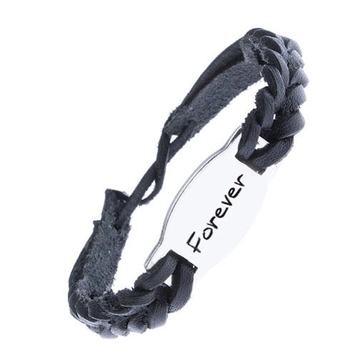 E-shop Šperky Eshop - Čierny náramok z kože - pletenec s lesklou známkou "FOREVER" Z10.16