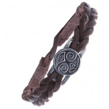 Hnedý kožený remienok na ruku - pletený, známka, keltské uzlíky