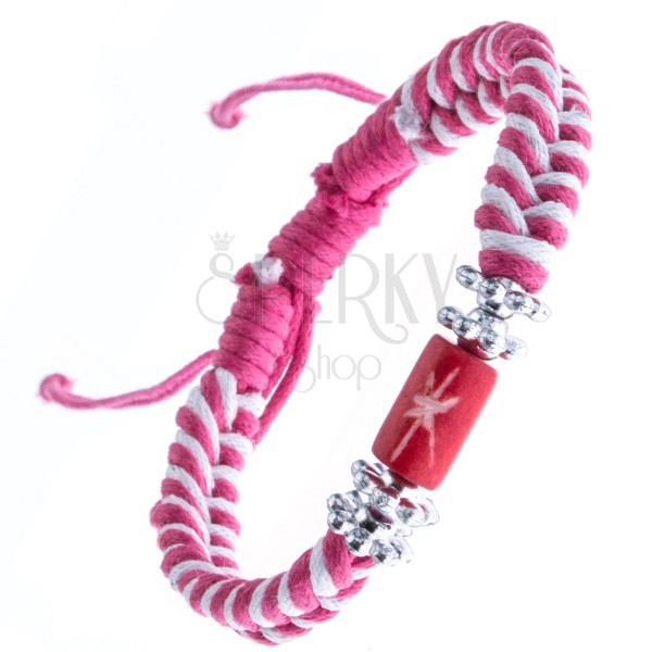 Pletený náramok - ružovo-biely, kvietky, valček s hviezdou