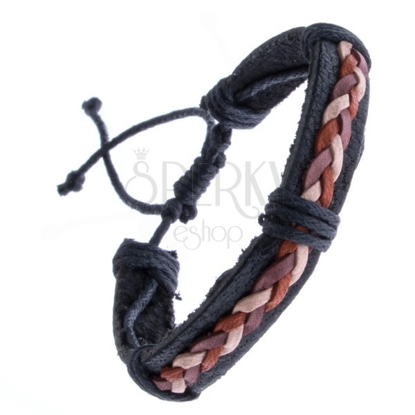 Čierny kožený náramok – trojfarebné spletené šnúrky