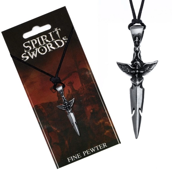 E-shop Šperky Eshop - Čierny náhrdelník - striebristý meč, vták na rukoväti, šnúrka Y53.05
