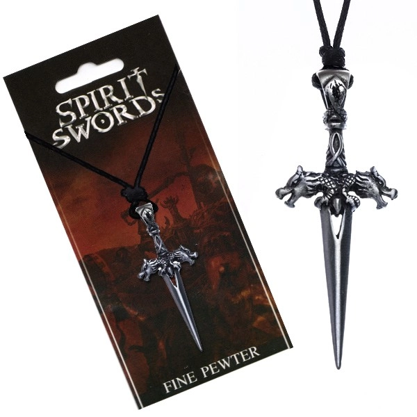 E-shop Šperky Eshop - Náhrdelník so šnúrkou - lesklý meč s dračími hlavami S7.15