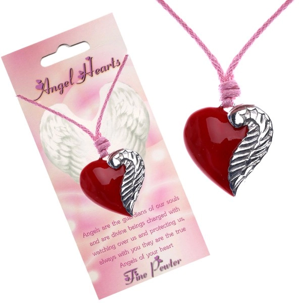 Šnúrkový náhrdelník s červeným príveskom srdca a krídlom