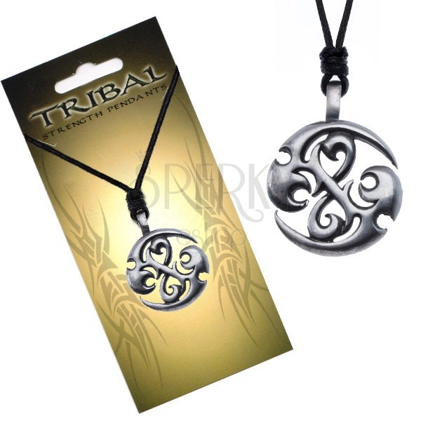 Čierny náhrdelník, TRIBAL prívesok - kruh s dračími špirálami