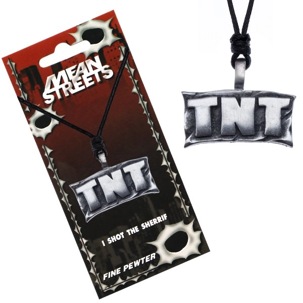 E-shop Šperky Eshop - Šnúrkový náhrdelník, kovový prívesok - tabuľa s nápisom "TNT" S1.16
