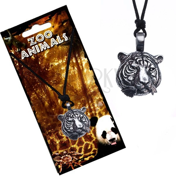 Šnúrkový náhrdelník, kovový prívesok, hlava tigra