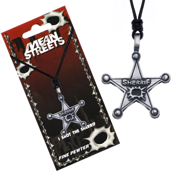 E-shop Šperky Eshop - Náhrdelník so šnúrkou, kovový odznak, hviezda, nápis Sherrif S2.20