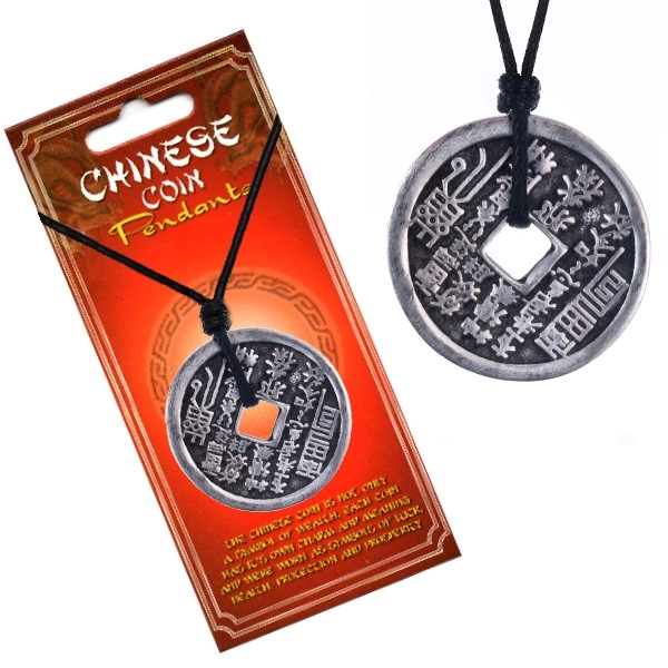 E-shop Šperky Eshop - Náhrdelník so šnúrkou – minca, zvislé čínske znaky a piktogramy AA45.16