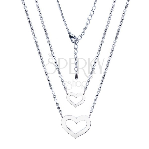 Dvojitý lesklý náhrdelník, ródiovaný, srdcia dvoch veľkostí 