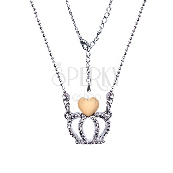 Lesklý guľôčkový náhrdelník s korunkou a srdcom