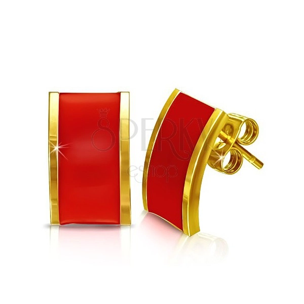Oceľové náušnice - obdĺžniky zlatej farby s červeným povrchom