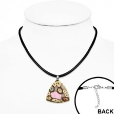 Béžovo-hnedý FIMO náhrdelník, trojuholník s kvetmi a kamienkami