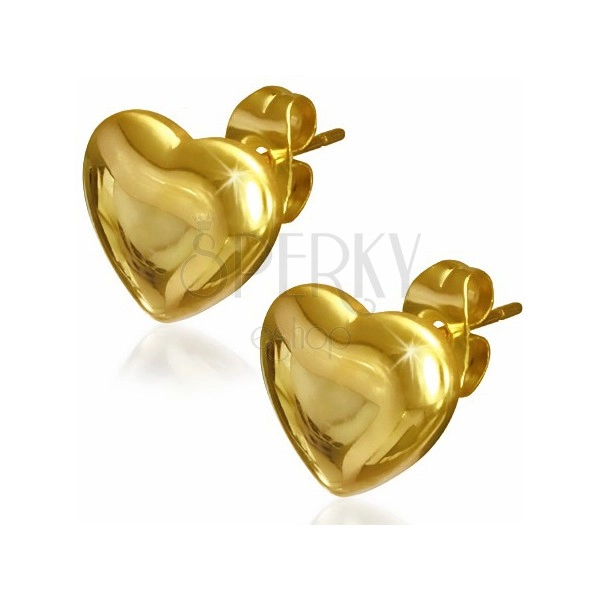 Náušnice zlatej farby z chirurgickej ocele - lesklé zaoblené srdce