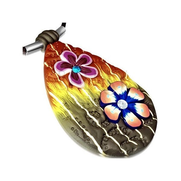 FIMO náhrdelník – viacfarebná slza zdobená kvetmi a zirkónmi