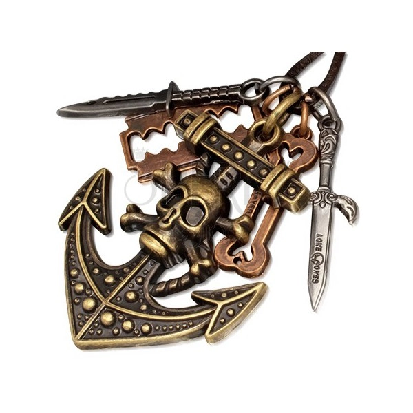 Náhrdelník z kože, pirátska kotva s nožmi, kosťou a žiletkou