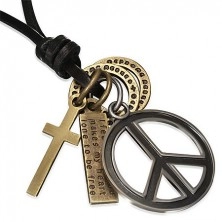 Kožený šnúrkový náhrdelník - päť príveskov, symbol mieru