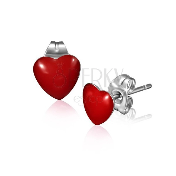 Puzetové náušnice z chirurgickej ocele - lesklé červené srdce