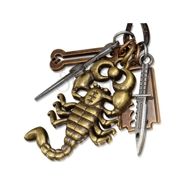 Šnúrkový náhrdelník z kože, kovové prívesky, škorpión, nôž