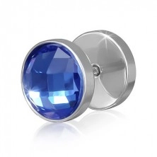 Fake plug z ocele striebornej farby - modrý okrúhly brúsený zirkón