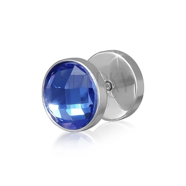 Fake plug z ocele striebornej farby - modrý okrúhly brúsený zirkón