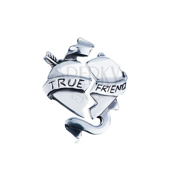 Dvojitý strieborný prívesok 925 - zlomené srdce so stuhou "TRUE FRIEND"