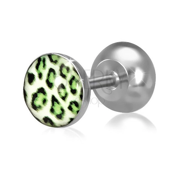 Falošný piercing do ucha z ocele, kruh so zeleným leopardím vzorom