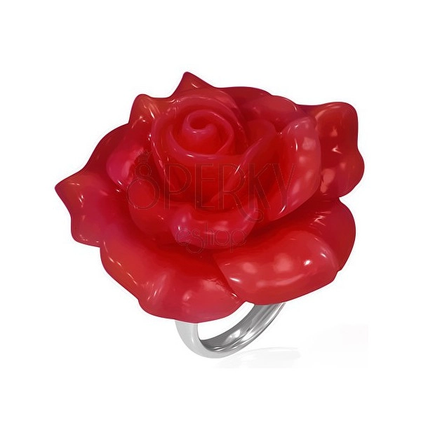 Oceľový prsteň - červená rozkvitnutá ruža, živica