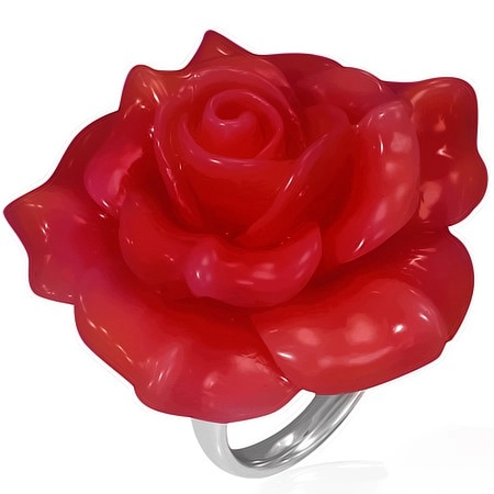 Oceľový prsteň - červená rozkvitnutá ruža, živica - Veľkosť: 51 mm