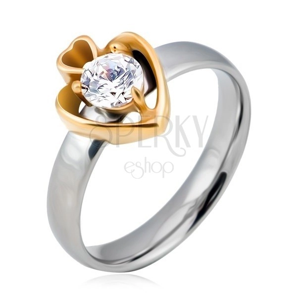 Oceľový prsteň, kruh striebornej farby a dve srdcia zlatej farby so zirkónom