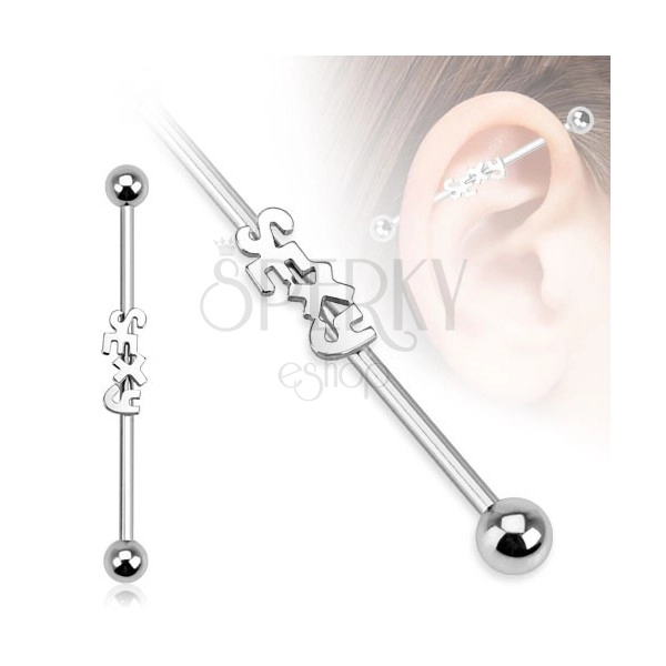Oceľový piercing do ucha - činka s nápisom SEXY a guľôčkami