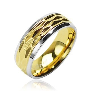 Prsteň z chirurgickej ocele - zvlnený motív zlato-striebornej farby - Veľkosť: 53 mm
