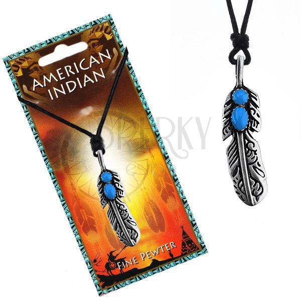 Šnúrkový náhrdelník s indiánskym pierkom a modrými očkami