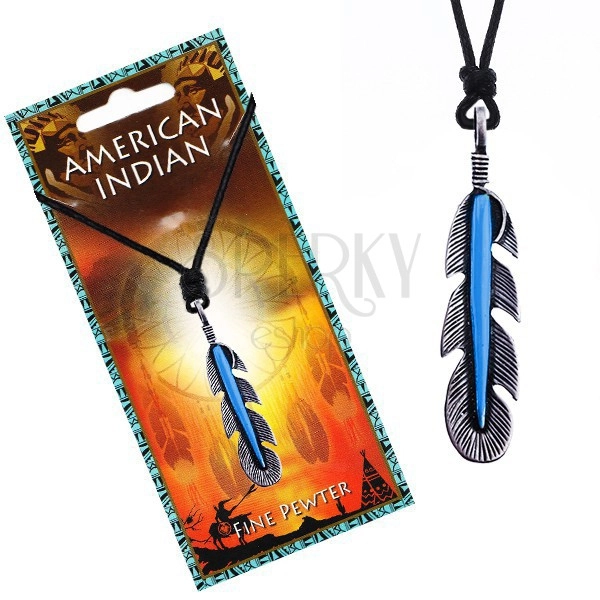Šnúrkový náhrdelník - čierny, indiánske pierko s modrým prúžkom
