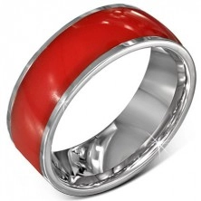 Oceľový prsteň - lesklá červená obrúčka, okraje striebornej farby, 8 mm
