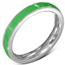 Tenký oceľový prsteň - obrúčka, zelený pruh, okraj striebornej farby