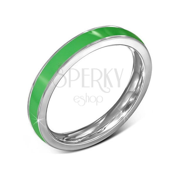 Tenký oceľový prsteň - obrúčka, zelený pruh, okraj striebornej farby