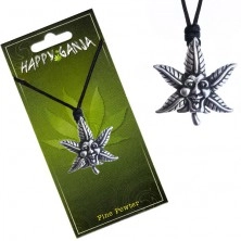 Šnúrkový náhrdelník, čierny, kovový smejúci sa list marihuany