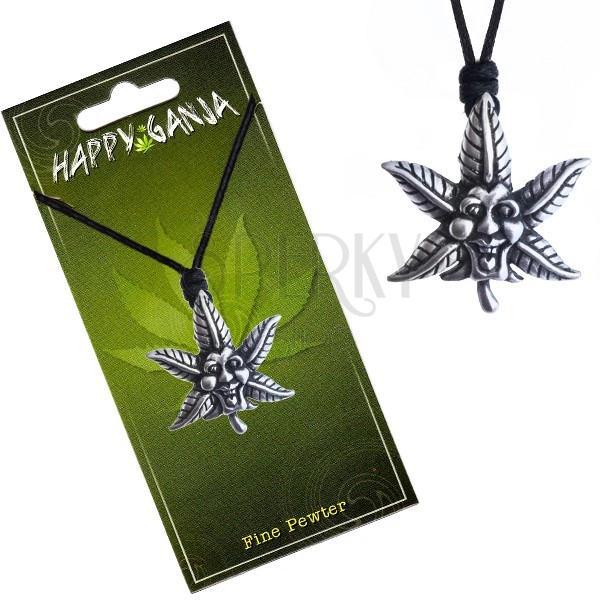 Šnúrkový náhrdelník, čierny, kovový smejúci sa list marihuany
