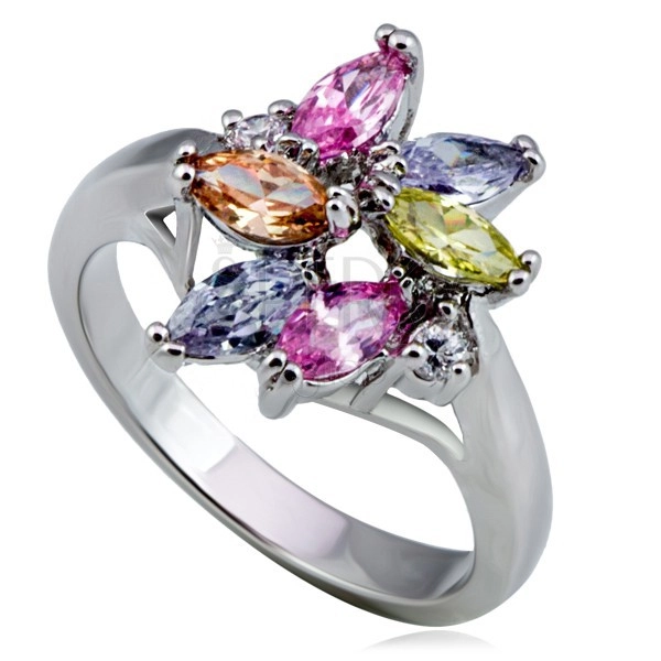 Lesklý kovový prsteň - kvet, farebné slzičkové a okrúhle zirkóny