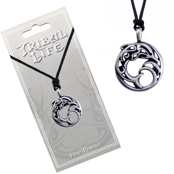 E-shop Šperky Eshop - Náhrdelník - kovový kruh s ornamentmi, delfín vo vlnách, šnúrka AC1.10