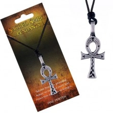 Šnúrkový náhrdelník - čierny, kovový prívesok egyptského kríža